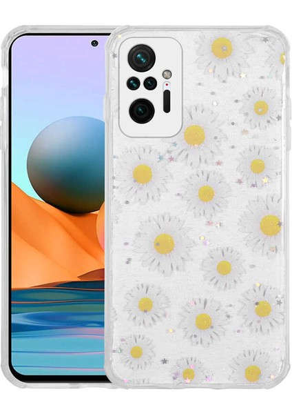 Xiaomi Redmi Note 10 Pro Kılıf Simli Desenli Kamera Korumalı Parlak Popy Kapak Papatya Renkli