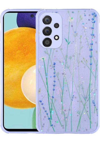 Samsung Galaxy A53 5g Uyumlu Kılıf Simli Kalpli ve Çiçekli Desenli Parlak Tasarım Soft Kılıf
