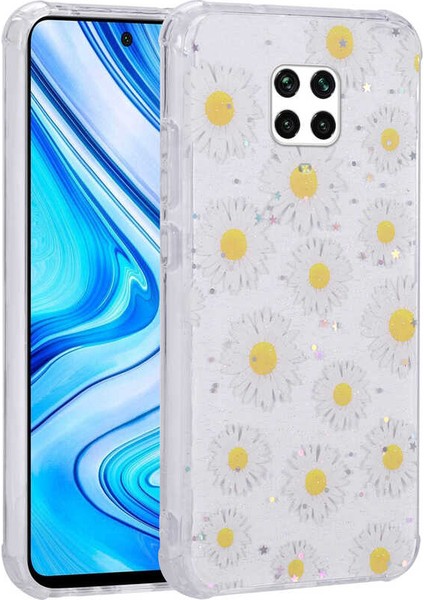 Xiaomi Redmi Note 9s Uyumlu Kılıf Simli Kalpli ve Çiçekli Desenli Parlak Tasarım Soft Kılıf
