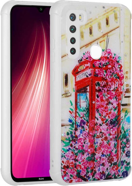 Xiaomi Redmi Note 8 Uyumlu Kılıf Simli Kalpli ve Çiçekli Desenli Parlak Tasarım Soft Kılıf