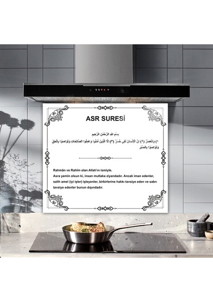 Cam Ocak Arkası Koruyucu | Asr Suresi | Beyaz Fon | 52cm x 60cm