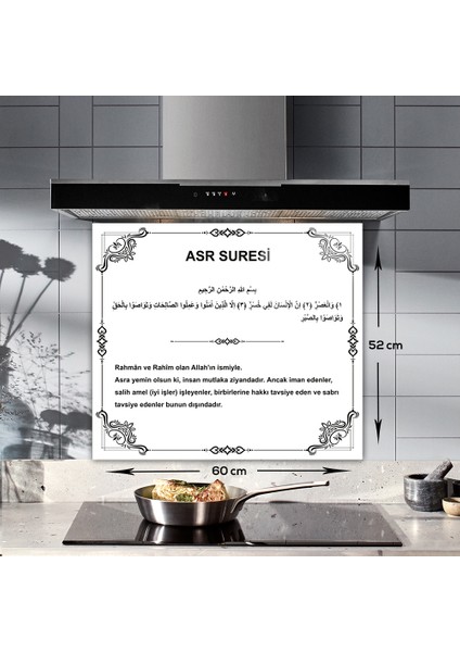 Cam Ocak Arkası Koruyucu | Asr Suresi | Beyaz Fon | 52cm x 60cm