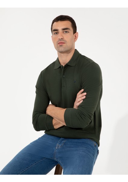 Pierre Cardin Erkek Koyu Yesil Slim Fit Fit Polo Yaka Sweatshirt 50261102-VR079