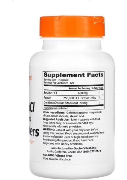 Doctor's Best, Betaine Hcl Pepsin & Gentian Bitters, 120 Capsules fiyatları
