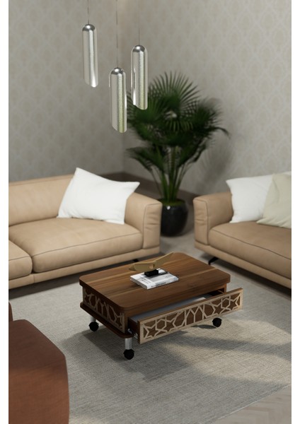 Lisa Tekerli Sihirli Masa Çalışma Masası Yemek Masası Yer Sofrası Ceviz Renk Akıllı Masa