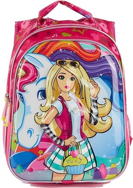 Mor Kumaş Renk Desenli Barbie Çanta Beslenme Suluk Okul Çantası Barbi Çanta