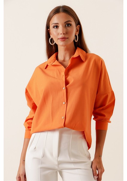 Oversize Uzun Basic Gömlek Oranj modelleri