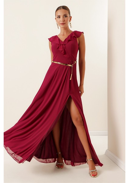 Yakası Volanlı Kemerli Şifon Yırtmaçlı Uzun Elbise Mürdüm