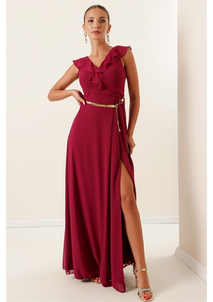 Yakası Volanlı Kemerli Şifon Yırtmaçlı Uzun Elbise Mürdüm fiyatları