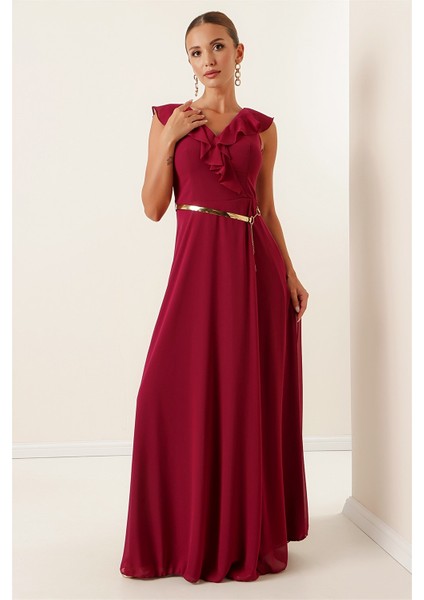 Yakası Volanlı Kemerli Şifon Yırtmaçlı Uzun Elbise Mürdüm modelleri