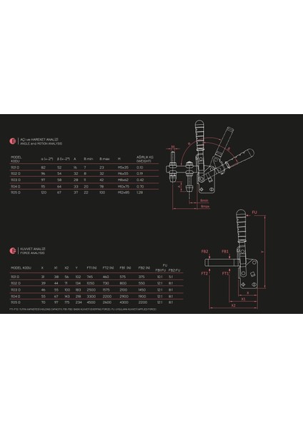 Dikey Bağlantı Elemanları / 1101-D / Yatay Taban Toggle Clamp