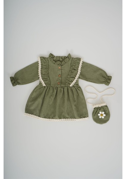 Kız Bebek Uzun Kol Papatya Desenli Çantalı Elbise