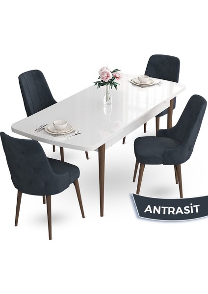 Concept Yay Serisi 80 x 132 cm Açılabilir Mutfak Masa Takımı Beyaz Masa Ceviz Ayak 4 Sandalye