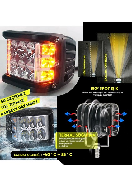 Nkt Group Off Road 45W 12 LED 10 cm Beyaz- Turuncu Kare Sis Farı Çalışma Lambası