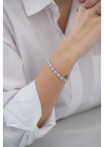 Baget Çiçeği 18 Ayar Beyaz Altın Kaplama 18 cm Gümüş Bileklik