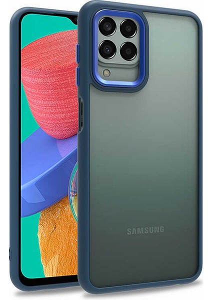 Samsung Galaxy M33 Kılıf Flora Sert Silikon Arkası Cam Şeffaf Lacivert