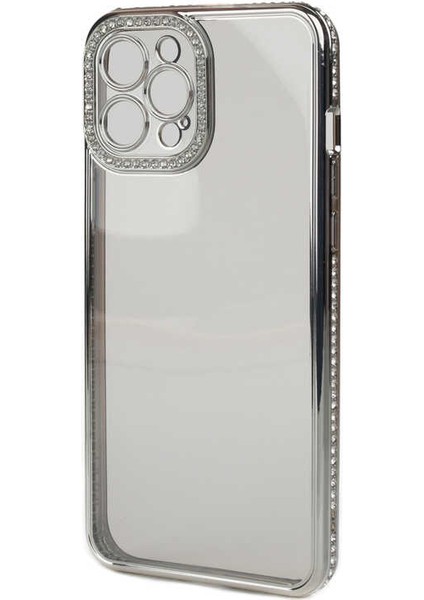 Apple iPhone 12 Pro Max Kılıf Kamera Korumalı Taşlı Mina Silikon Gümüş