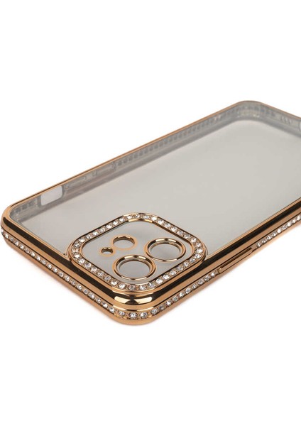 Apple iPhone 11 Kılıf Kamera Korumalı Taşlı Mina Silikon Bronz