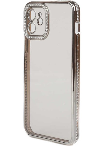 Apple iPhone 11 Kılıf Kamera Korumalı Taşlı Mina Silikon Gümüş