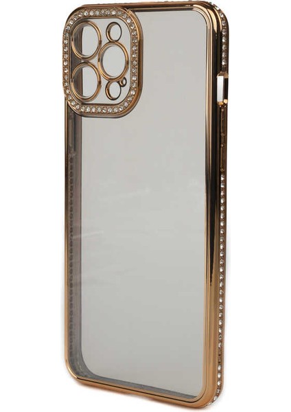 Casestreet Apple iPhone 12 Pro Max Kılıf Kamera Korumalı Taşlı Mina Silikon Gold