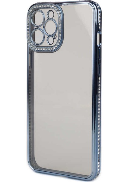 Apple iPhone 12 Pro Max Kılıf Kamera Korumalı Taşlı Mina Silikon Mavi
