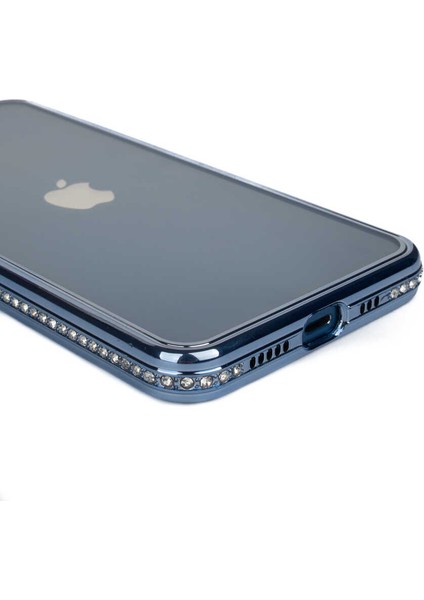 Apple iPhone 12 Pro Max Kılıf Kamera Korumalı Taşlı Mina Silikon Mavi
