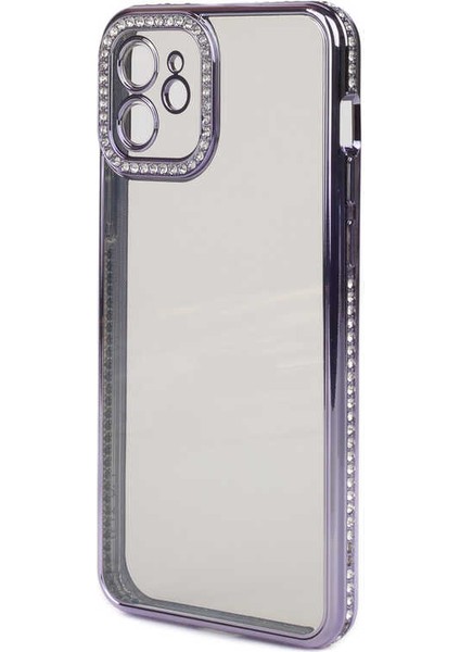 Casestreet Apple iPhone 12 Kılıf Kamera Korumalı Taşlı Mina Silikon Mor
