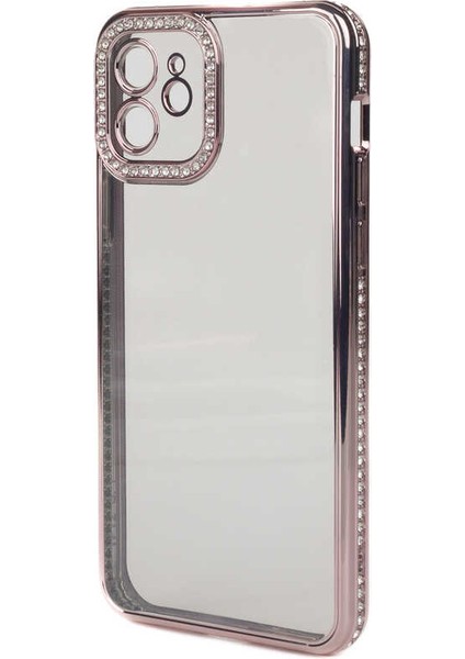 Casestreet Apple iPhone 12 Kılıf Kamera Korumalı Taşlı Mina Silikon Bronz