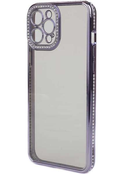 Casestreet Apple iPhone 12 Pro Max Kılıf Kamera Korumalı Taşlı Mina Silikon Mor