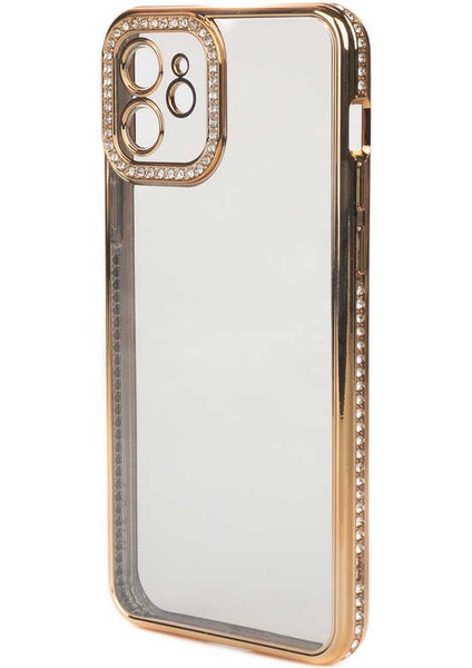 Apple iPhone 12 Kılıf Kamera Korumalı Taşlı Mina Silikon Gold