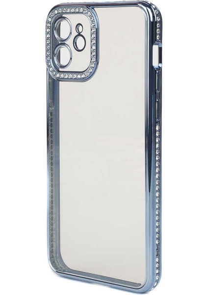 Apple iPhone 11 Kılıf Kamera Korumalı Taşlı Mina Silikon Mavi