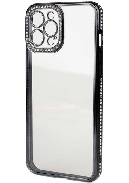 Apple iPhone 13 Pro Max Kılıf Kamera Korumalı Taşlı Mina Silikon Siyah
