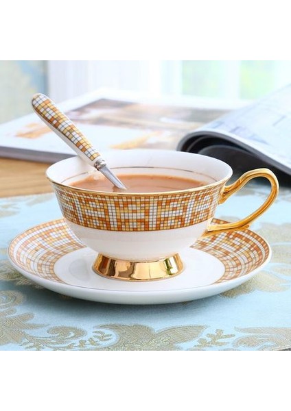 Mozaik Desen Kemik Çini Kahve Fincanı Ingiliz Öğleden Sonra Çay Bardağı Altın Kaplama Kaşık Kupası ile Set Seramik Çiçek Çay Fincanı Soslu | Kahve Kupası ve tabak Setleri (Yurt Dışından)