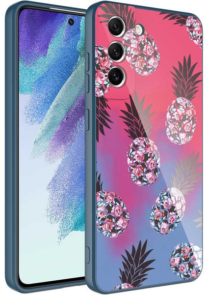Samsung Galaxy S21 FE Uyumlu Kılıf Kamera Korumalı Desenli Arka Yüzey İçi Kadife Sert Silikon Epoksi Kapak NO3 Mavi - Kırmızı