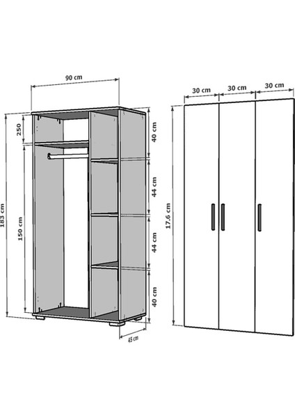 Cantek Dizayn Üç Kapaklı 90 cm Edit Gardırop Safirmeşe-Beyaz