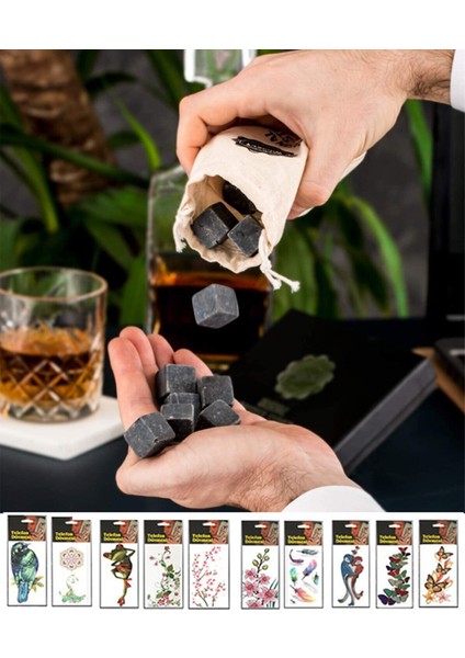 Viski Taşı Premium Doğal Mermer Içecek Soğutucu 12 Parça + 1 Adet Telefon Aksesuar Dövmesi