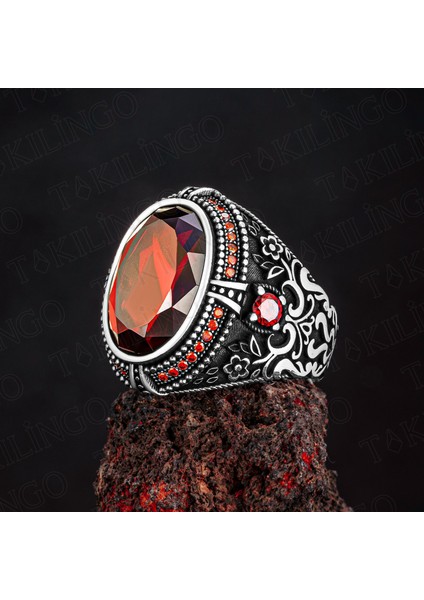 925 Ayar Gümüş Oval Kırmızı Zirkon Taşlı Usta Işi Erkek Yüzük