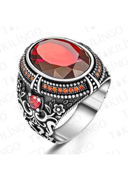 925 Ayar Gümüş Oval Kırmızı Zirkon Taşlı Usta Işi Erkek Yüzük fiyatları