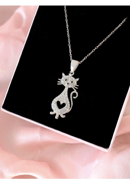 Alâ Silver Jewellery Kedi Kalp Detaylı 925 Ayar Gümüş Kolye