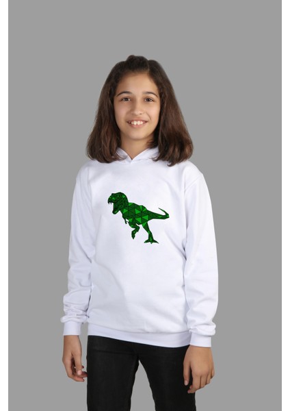çoçuk Beyaz Kapüşonlu Sweatshirt Dinazor Dijital Baskılı Iki Iplik Içi Şardonlu