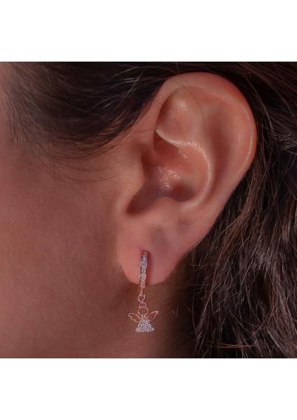 Melek Figürlü Rose Kaplama Sallantılı 925 Ayar Gümüş Küpe