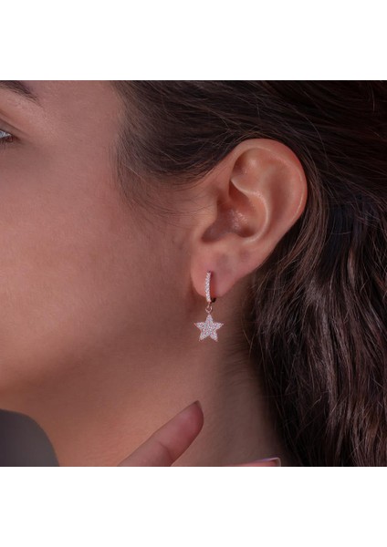 Yıldız Tasarımlı Rose Kaplama Sallantılı 925 Ayar Gümüş Küpe