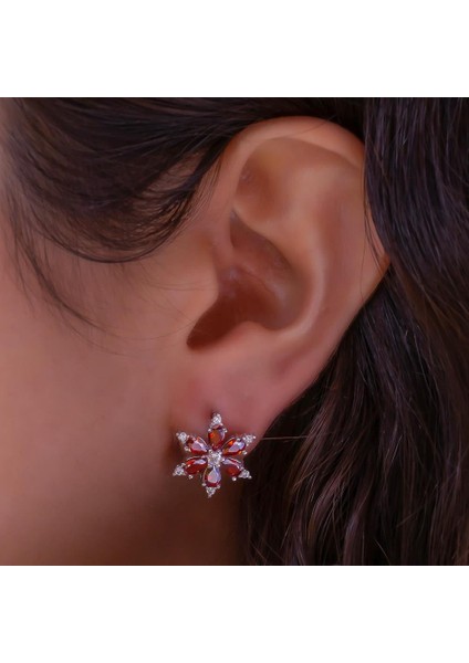 Lotus Çiçeği Tasarımlı Kırmızı ve Beyaz Taşlı Rose 925 Ayar Gümüş Küpe