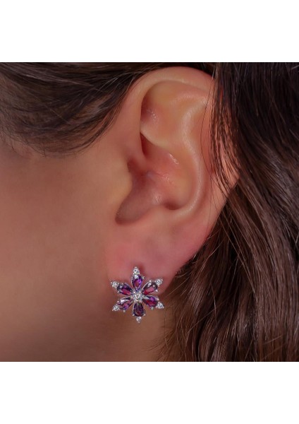 Lotus Çiçeği Tasarımlı Mor ve Beyaz Zirkon Taşlı 925 Ayar Gümüş Küpe