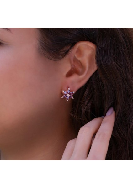 Lotus Çiçeği Tasarımlı Mor ve Zirkon Taşlı Rose 925 Ayar Gümüş Küpe fiyatları