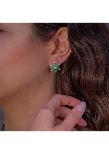 Yeşil Zirkon Taşlı Lotus Çiçeği Gümüş Küpe