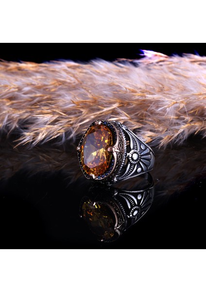 Sitrin Taşlı 925 Ayar Erkek Gümüş Yüzük