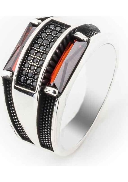 Kırmızı Zirkon Taşlı Gümüş Erkek Yüzük