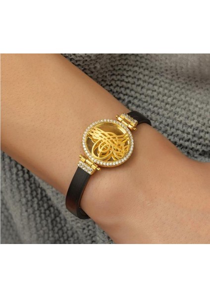 925 Ayar Gümüş Deri Kordonlu Altın Kaplama Tuğra Bileklik