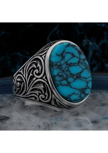 Oval Mavi Turkuaz Taşlı Desenli 925 Ayar Gümüş Erkek Yüzük